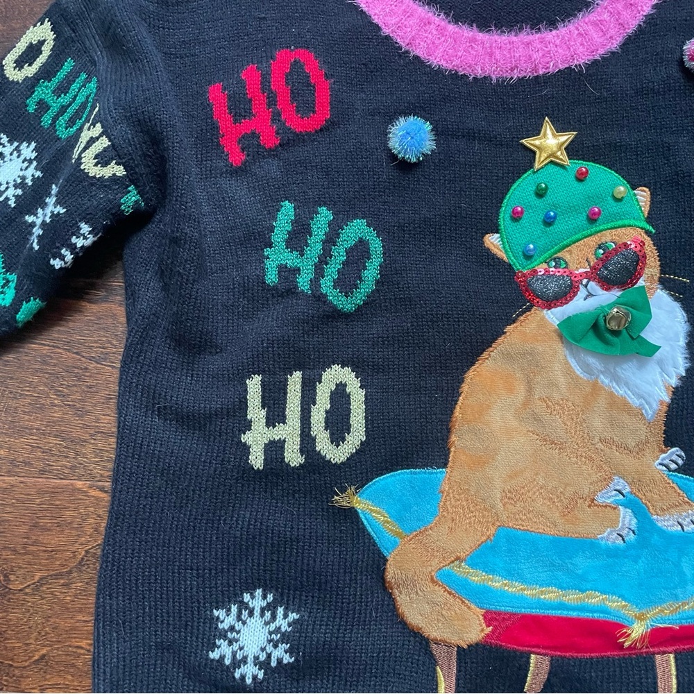 JOLLIDAYS Holiday Cat Graphic Sweater with Pink Trim Size Large - Picture 5 of 11